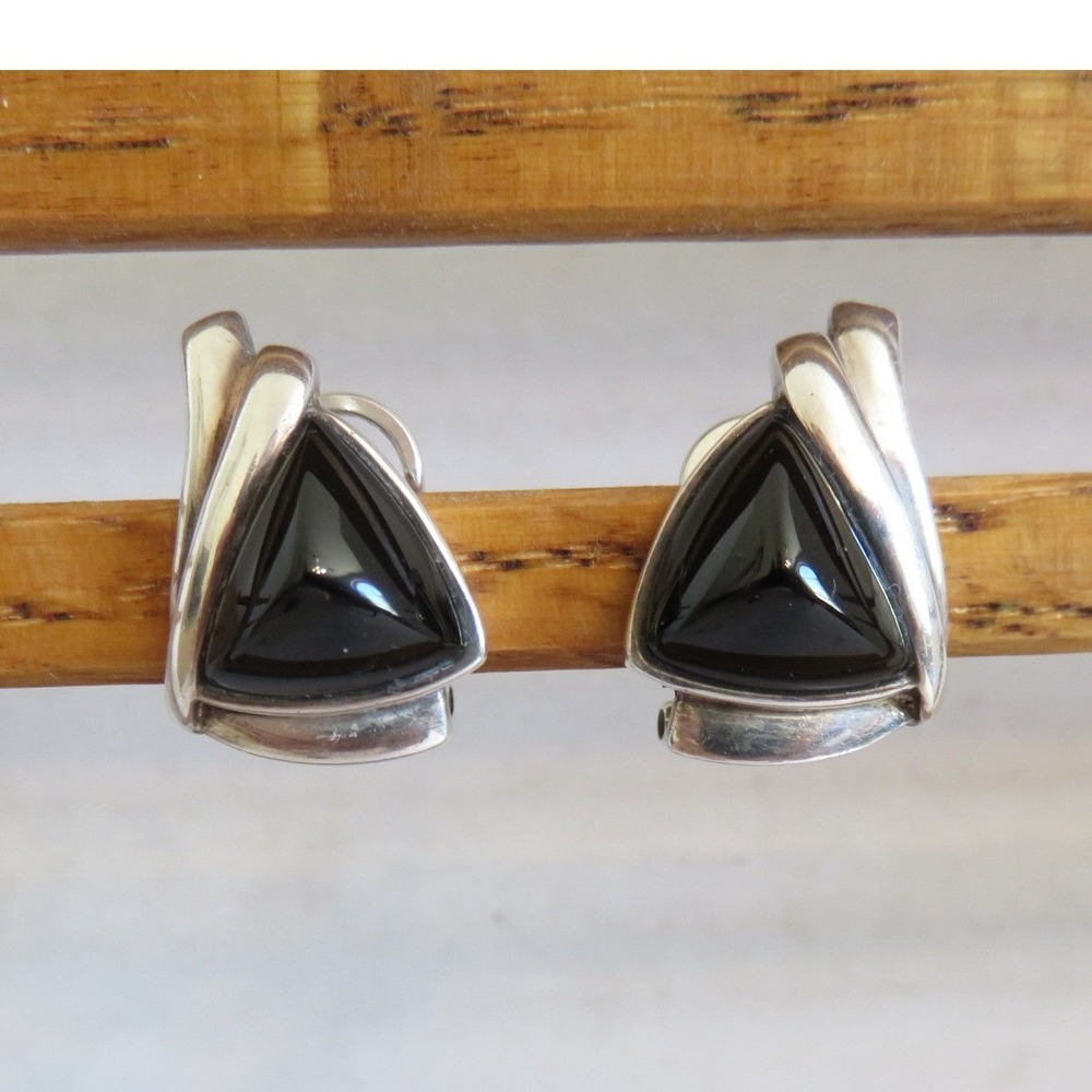 Sterling Silver 925 Black Onyx Triangle Omega Back Earrings Modernist Studs